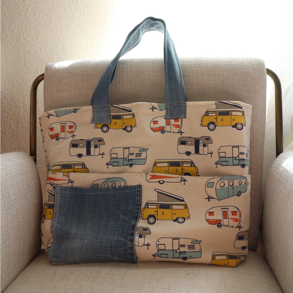 Handmade Canvas Tote Bag with Camper Print and Denim Pocket
